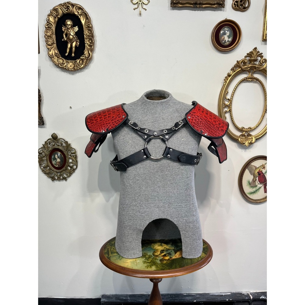Red‎ Faux Croc Leather Pauldrons Chest Harness Vintage Y2K Armor
